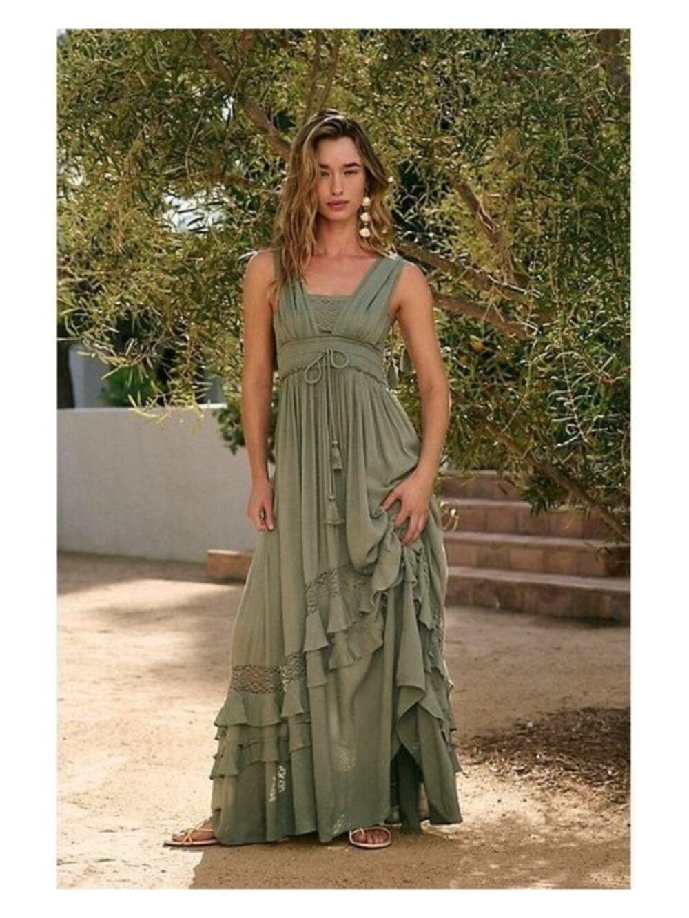 NWT Free People Santa Maria Maxi in Olive Green Crochet Lace Trim Dress XS - Picture 2 of 9